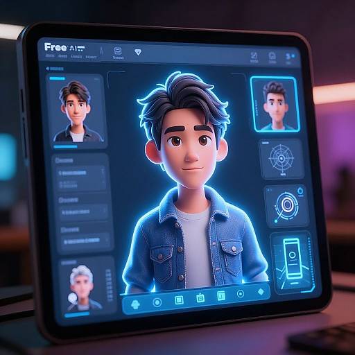 Digital illustration of a tablet screen displaying a cartoon-style, young male avatar with dark hair, wearing a denim jacket, on a face-editing app interface