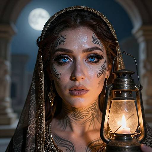 Mystical woman with glowing blue eyes, intricate face tattoos, and a veil, holding a lit lantern in a moonlit, ancient archway.