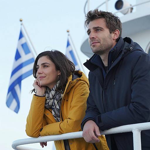 Couple on Ship's Deck with Flags