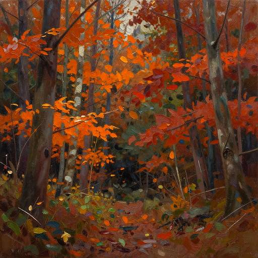 Digital painting of a vibrant autumn forest with bright orange and red leaves, tall dark trees, and a sunlit pathway.