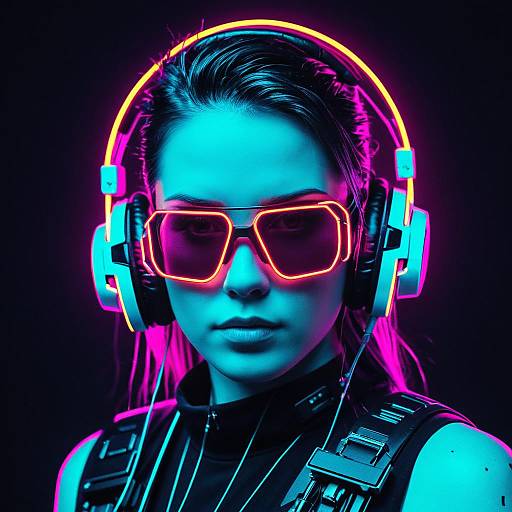 Cyberpunk Female Musician with Neon Glasses and Headphones