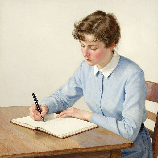Photograph of a fair-skinned woman with brown hair in a blue long-sleeve dress, writing in an open book at a wooden table.