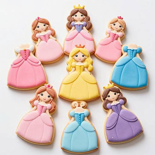 Colorful, cartoon-style cookie characters of six princesses with different dresses (pink, yellow, blue, purple) and crowns, arranged in a