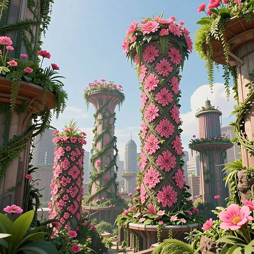 Fantastical CGI scene of a lush, flower-covered, Victorian-style garden with towering pink-flowered columns, surrounded by greenery, and a modern