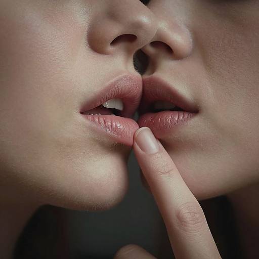 Close-up photograph of a woman's lips, slightly parted, with her finger gently touching her bottom lip. Soft, pink lips and smooth skin against a