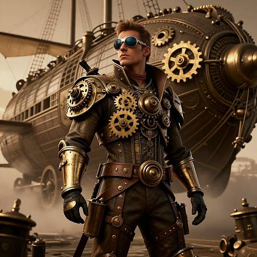 CGI image of a muscular, blue-eyed man in steampunk armor with gears, wearing sunglasses, standing in front of a large, vintage steam