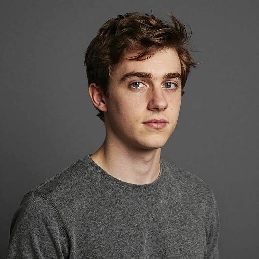 Photograph of a young Caucasian man with light skin, brown wavy hair, and blue eyes, wearing a gray crew-neck sweater, against a dark