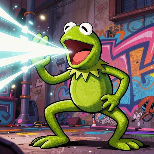 Digital drawing of a green frog puppet with wide eyes, holding glowing blue laser beams in a colorful, graffiti-covered urban alley.