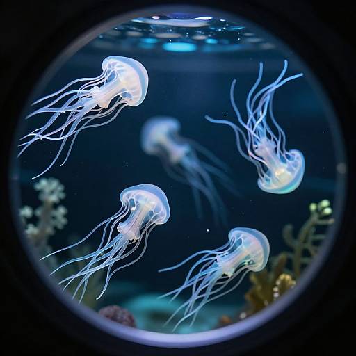 Photograph of four glowing white jellyfish with long, flowing tentacles in a circular aquarium, against a dark blue background with blurred coral and small fish