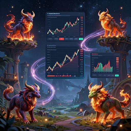 Digital fantasy art: Four fiery, horned creatures with glowing trails stand on stone platforms, surrounded by starry night sky and charts displaying colorful stock market