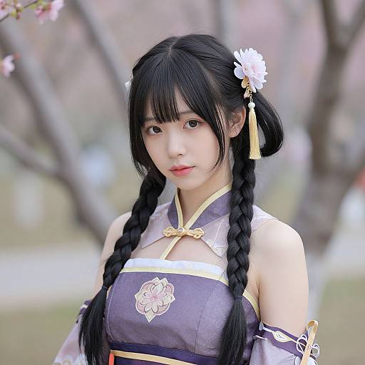 Photograph of an East Asian woman with long black braids, wearing a purple traditional Chinese dress with white floral patterns, adorned with a white flower hair