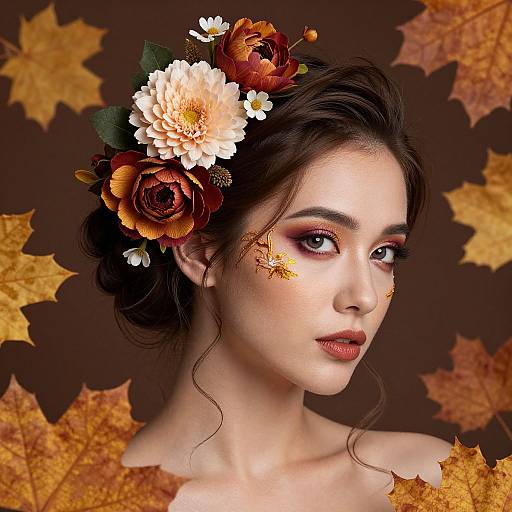 Woman with Floral Hairpiece and Autumn Leaves