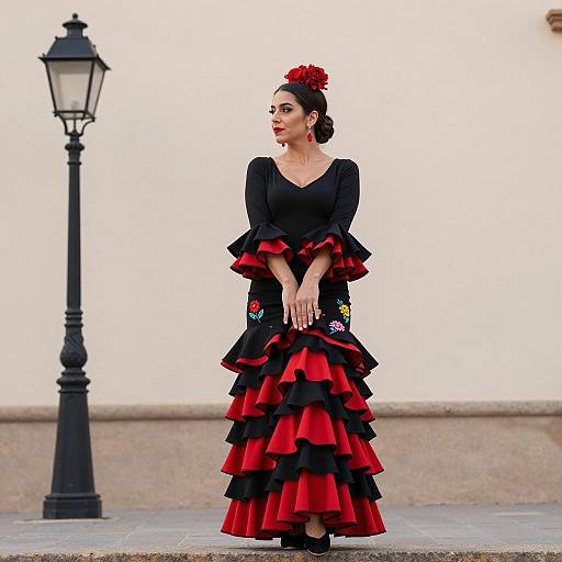 Woman in Traditional Black and Red Flamenco Dress