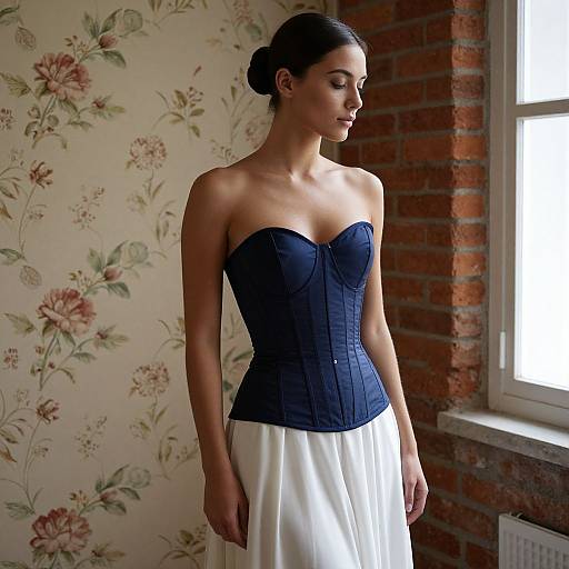Photograph of a slender woman with dark hair in an updo, wearing a blue corset and white skirt, standing by a window in a room