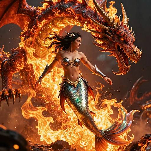 Mythical Mermaid Warrior vs Fiery Dragon