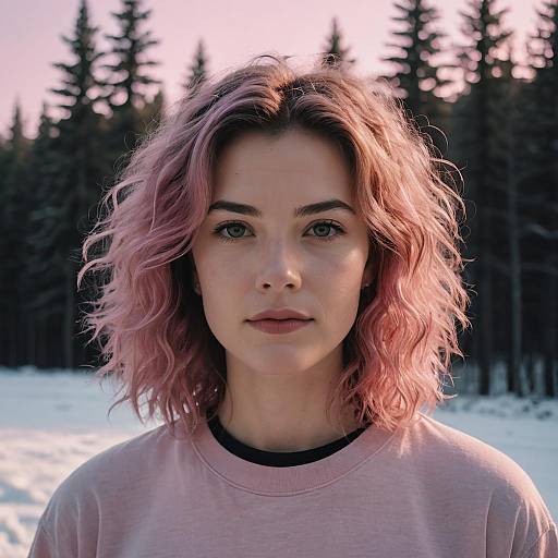 Portrait of Woman with Pastel Pink Hair in Snowy Forest