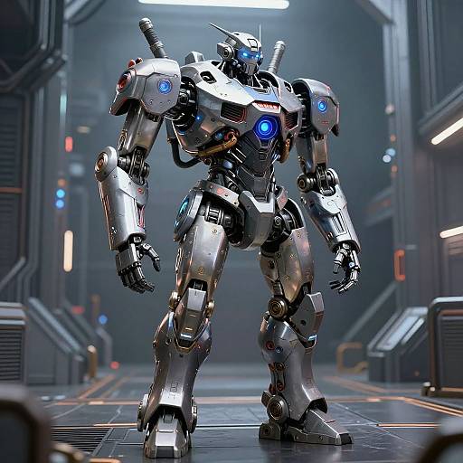 CGI image of a silver, glowing blue-eyed, robotic humanoid standing in a futuristic, dimly-lit industrial corridor with metallic walls.