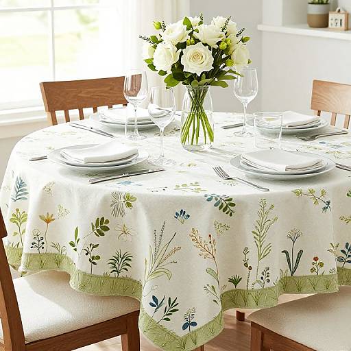 Photograph of a sunlit dining table with a white floral-patterned tablecloth, white roses bouquet, two wine glasses, and four place settings.
