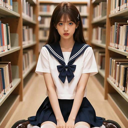 Digital anime-style drawing of a young girl with long brown hair in a sailor school uniform, sitting on a chair in a library aisle.