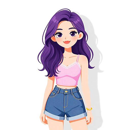 Digital anime-style drawing of a cute young woman with long purple hair, wearing a pink crop top and blue denim shorts, smiling against a plain white background