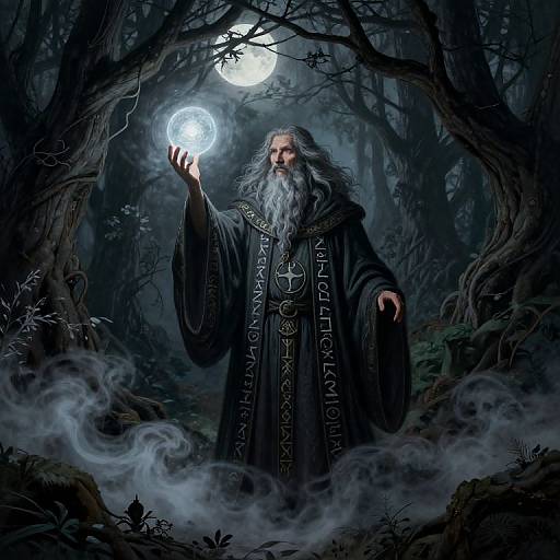 Digital fantasy artwork of a bearded wizard with long white hair, holding a glowing moon orb, standing in a dark, misty forest.