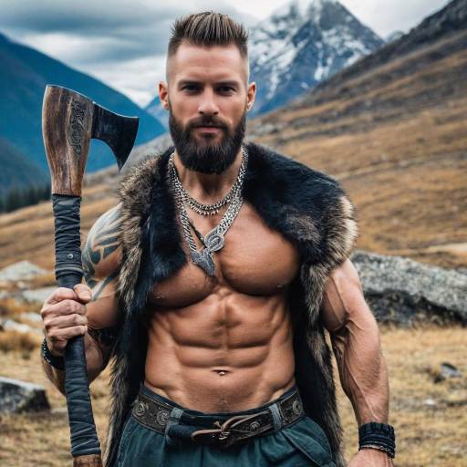 Muscular Viking Warrior with Axe in Mountain Landscape