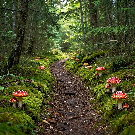 Serene Forest Path with Red Mushrooms