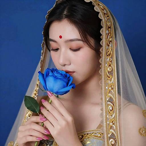 Elegant Woman with Veil and Blue Rose