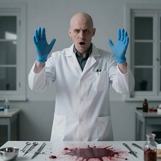 Startled Surgeon in Blood-Splattered Lab