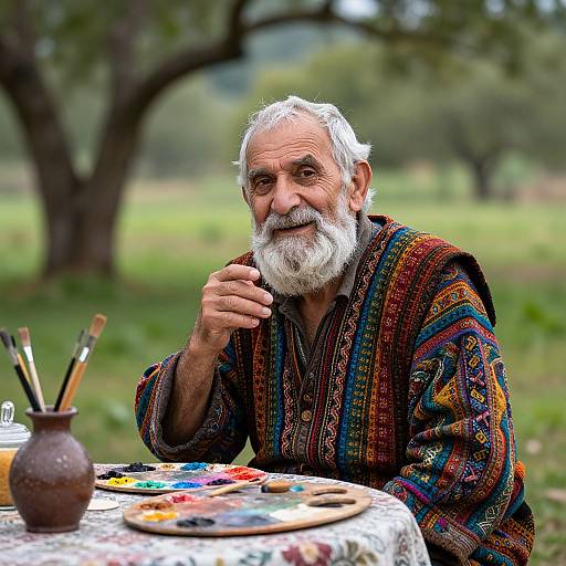 Photograph of an elderly man with a white beard, wearing a colorful, patterned woolen robe, painting outdoors at a table with brushes and paint
