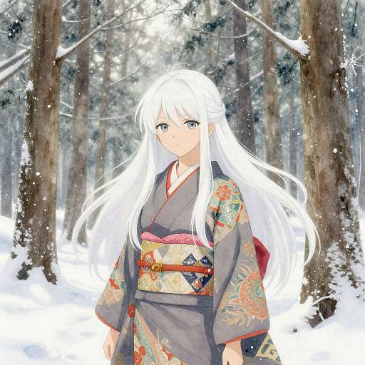Anime-style digital art of a white-haired girl in a detailed gray kimono, standing in a snowy forest, with tall trees in the background.