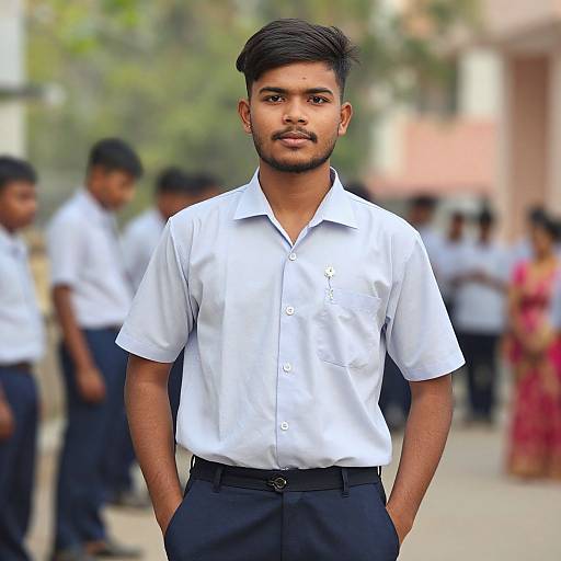 Photograph of a young Indian man with short black hair and beard, wearing a white shirt and black pants, standing confidently in a blurred outdoor school setting