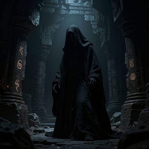 Mysterious hooded figure in dark, ancient temple with illuminated runes on stone pillars, shrouded in blue moonlight. Digital art.