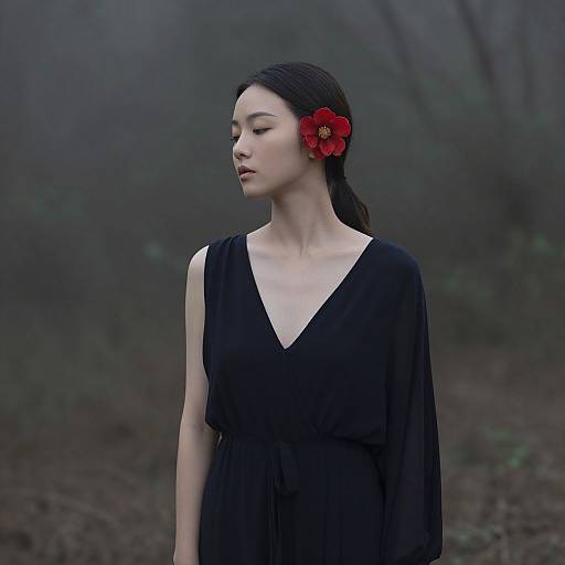 Photograph of an Asian woman with pale skin, black dress, red flower in hair, standing in misty forest, eyes closed, serene expression.