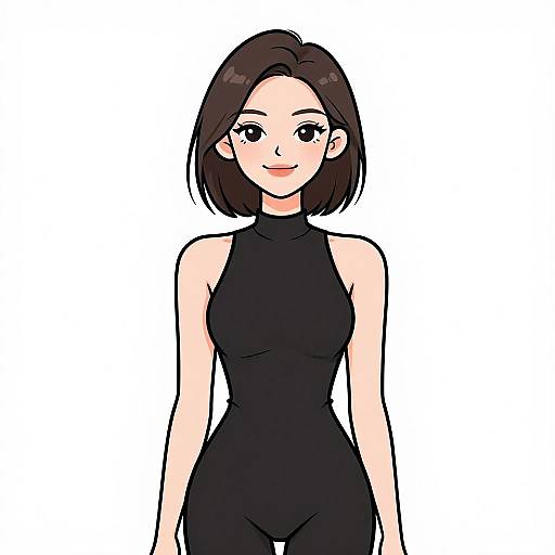 Digital anime-style drawing of a smiling woman with short brown hair, wearing a black sleeveless high-neck bodysuit, against a white background.