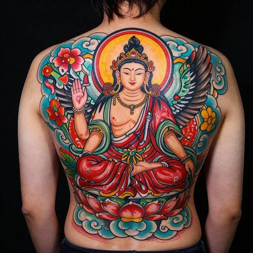 Colorful back tattoo of a serene, traditional Indian deity with wings, red robes, and a halo, surrounded by flowers and clouds. Photographic image