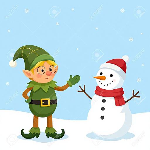 Cartoon elf with green outfit and hat, smiling, waving at a snowman with red hat and scarf, standing on snowy ground.