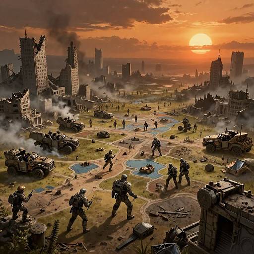 Digital artwork of a post-apocalyptic battlefield at sunset. Silhouetted soldiers with gear fight among ruined buildings, tanks, and puddles. Sun