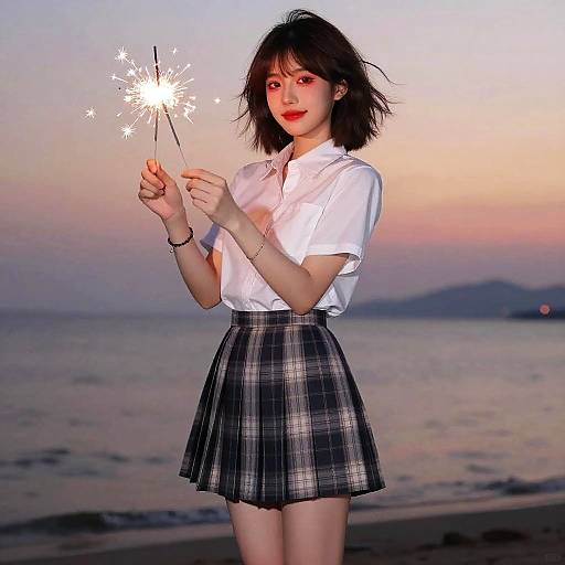 Young Woman Holding Sparklers on Beach at Sunset