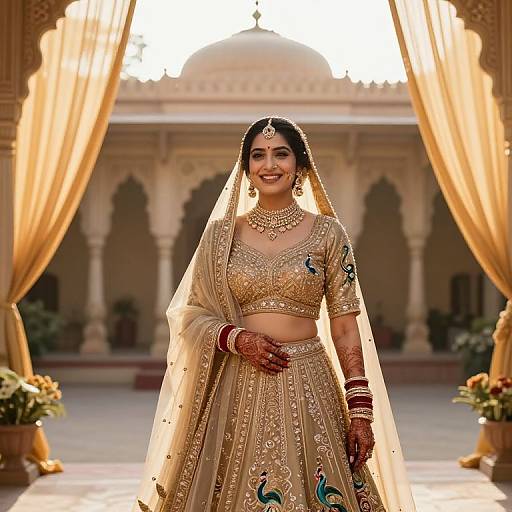 Photograph of a smiling Indian bride in a gold embroidered lehenga and dupatta, adorned with peacock motifs, standing in an ornate, sun