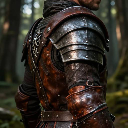 Photograph of a medieval warrior in shiny, brown leather and steel armor with chain details, standing in a forest. Dark, blurred background. Focus on