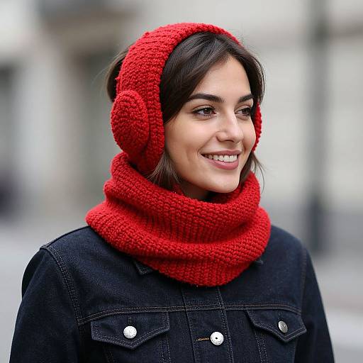 Smiling Woman in Red Knitted Accessories