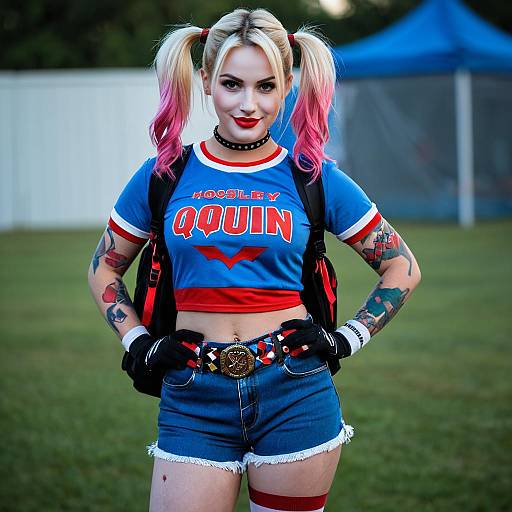 Woman in Harley Quinn Costume with Blonde and Pink Twintails