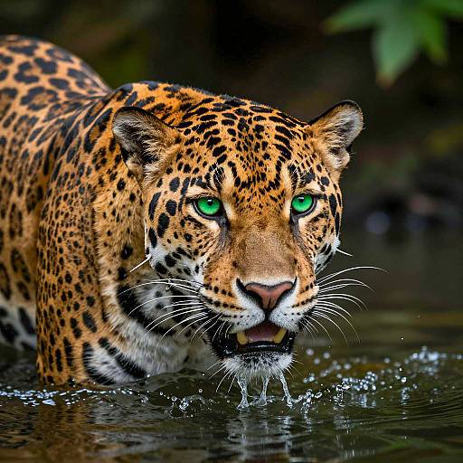 Jaguar in Dark Water with Intense Gaze