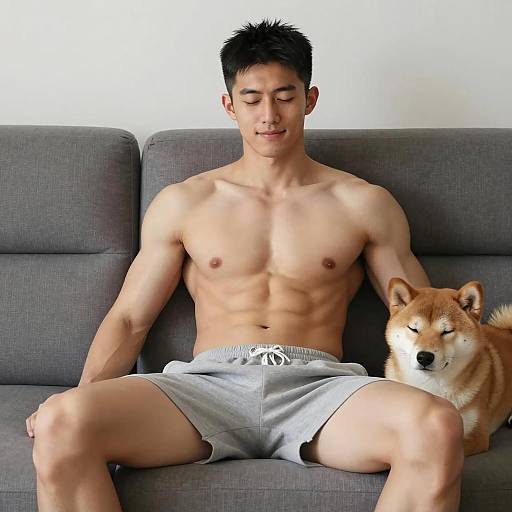 Muscular Male Relaxing with Shiba Inu
