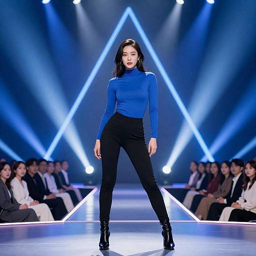 Confident Blue-Clad Performer on Stage