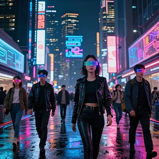 Neon-lit, cyberpunk city street at night; three people with glowing blue visors walk in rain, wearing black leather jackets and pants,