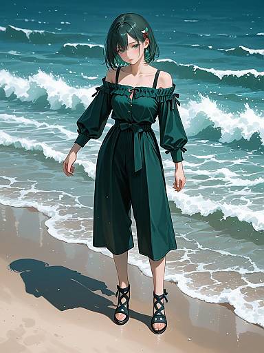 Woman in Dark Green Off-Shoulder Outfit at Beach