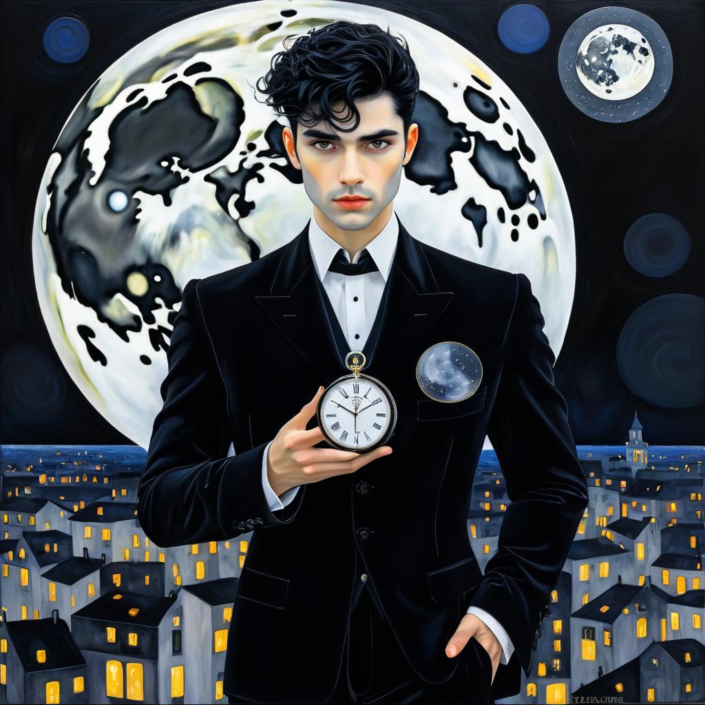 Surreal Man with Pocket Watch and Moon