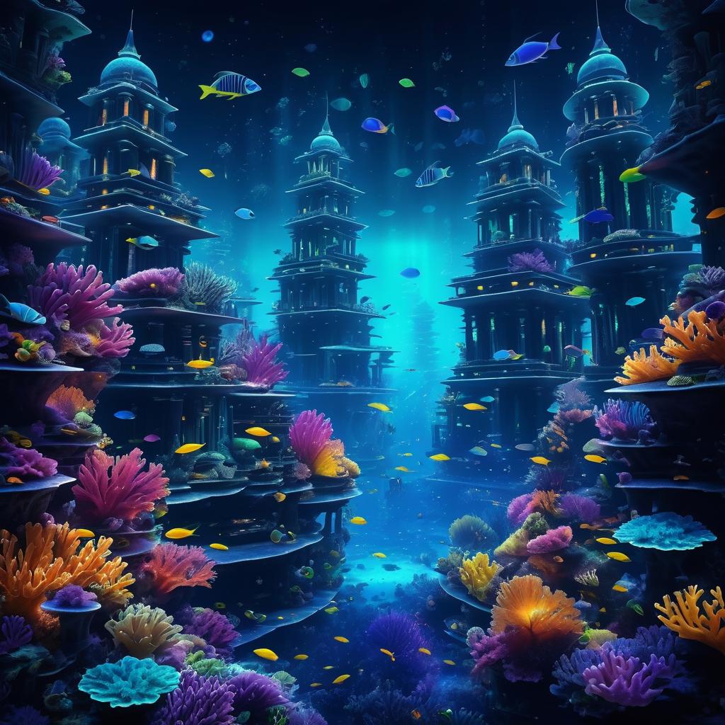 Mysterious Underwater City with Bioluminescence